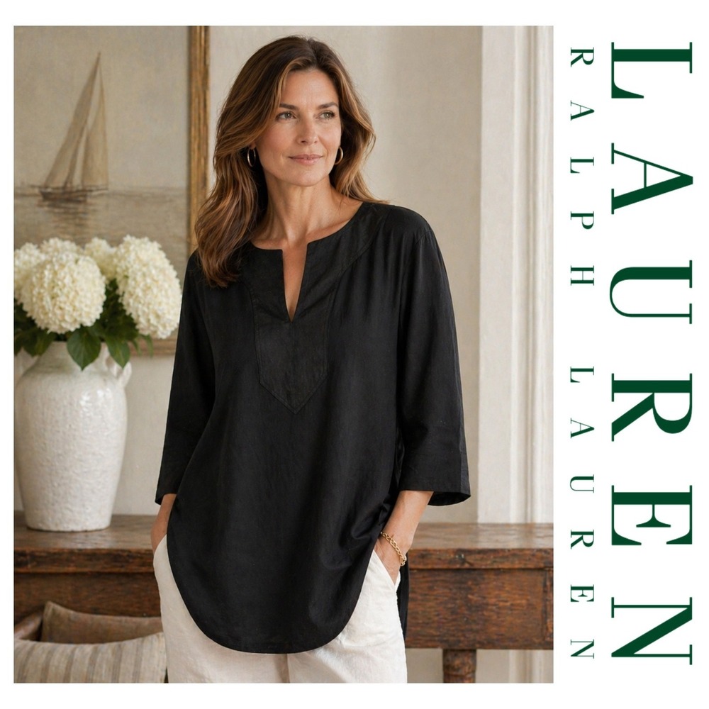 Lauren Ralph Lauren Black 3/4 Sleeve 100% Cotton Minimalist Tunic Top Size 2X